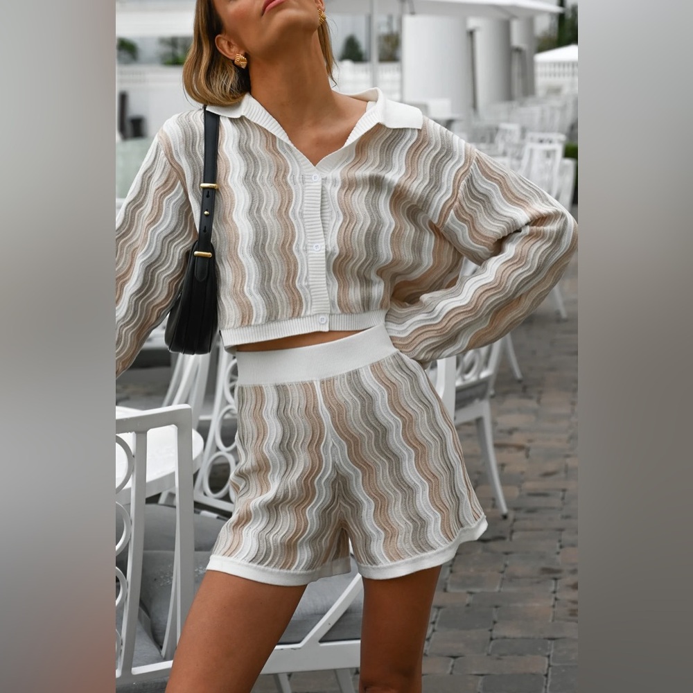 YLLW FELIX KNIT SET NEUTRAL YELLOW THE LABEL LONG SLEEVE TOP + SHORTS TAN WHITE